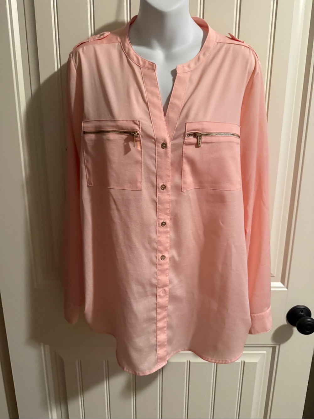 Calvin Klein Soft peach Button-Front Blouse with Zip Pockets